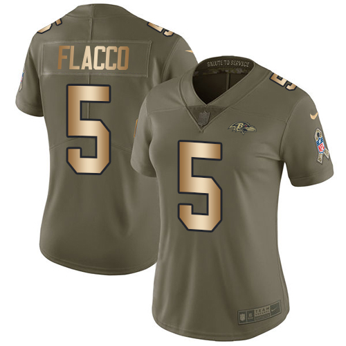 Nike Ravens #5 Joe Flacco Olive/Gold Women's Stitched NFL Limited Salute to Service Jersey